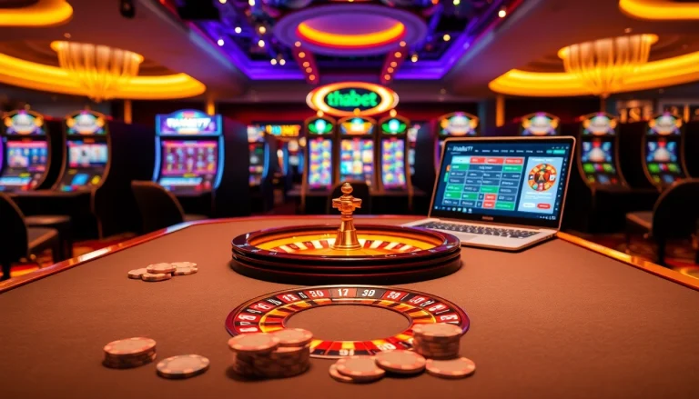 Experience the excitement at thabet77.sa.com with an elegant casino atmosphere showcasing poker tables and slot machines.