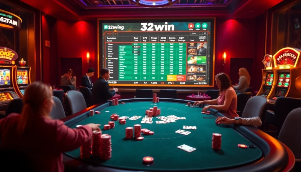 32win players engaging at a vibrant, luxurious poker table with high-stakes chips, showcasing thrilling casino excitement.
