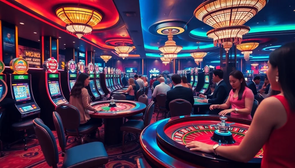 Players experiencing excitement at MM88 COM casino tables, enjoying various games and vibrant atmosphere.