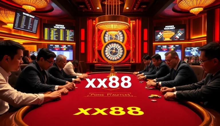 Gamblers enjoy a thrilling game at xx88's luxurious poker table, surrounded by vibrant casino elements.