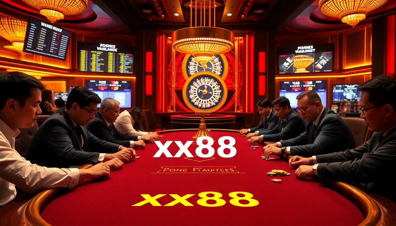 Gamblers enjoy a thrilling game at xx88's luxurious poker table, surrounded by vibrant casino elements.