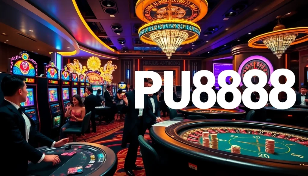 Players enjoying the excitement at PU88's vibrant casino tables with colorful slot machines.
