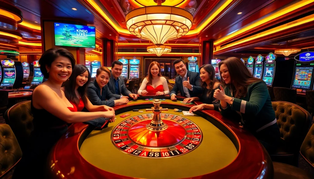 Excited gamblers enjoying the KJC gaming experience at a luxury casino table with cards and chips.