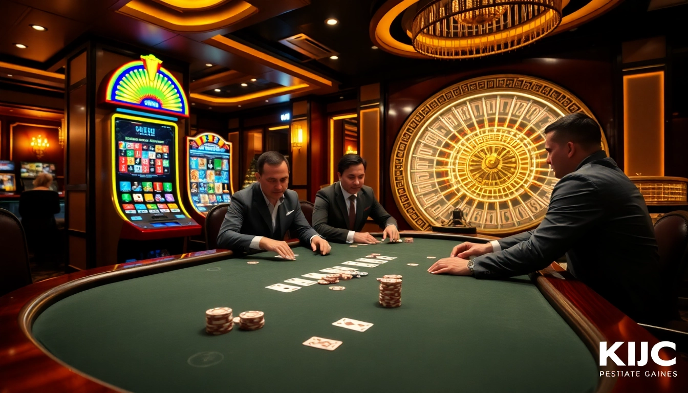 KJC poker game showcasing high-stakes action and vibrant slot machines in a luxury casino setting.