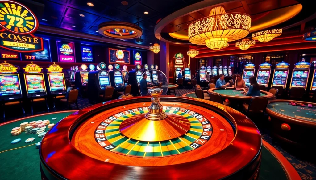 Experience thrilling casino action at 7C77, featuring roulette and poker tables under vibrant lights.
