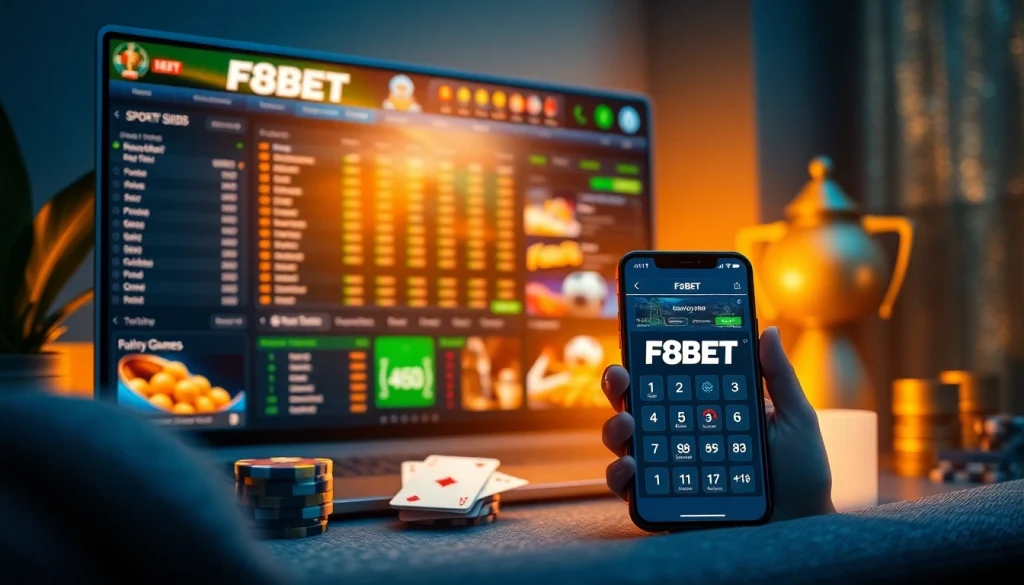 F8BET online betting interface showcasing sports odds and casino games in a modern setting.