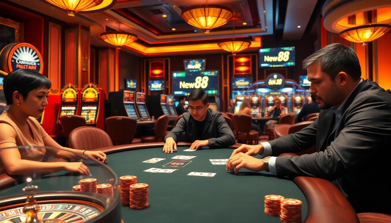 Intense poker action at New 88 casino with colorful chips and luxurious surroundings.