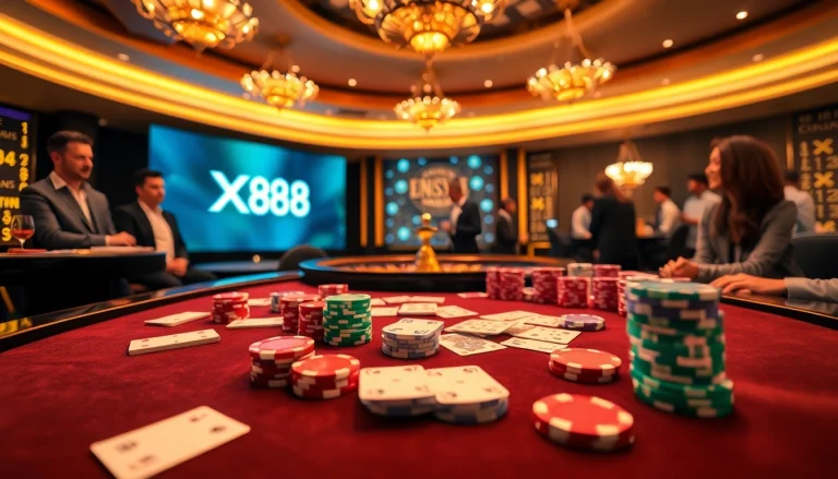 Experience excitement at XX88 with players enjoying a game of poker at a vibrant casino table.