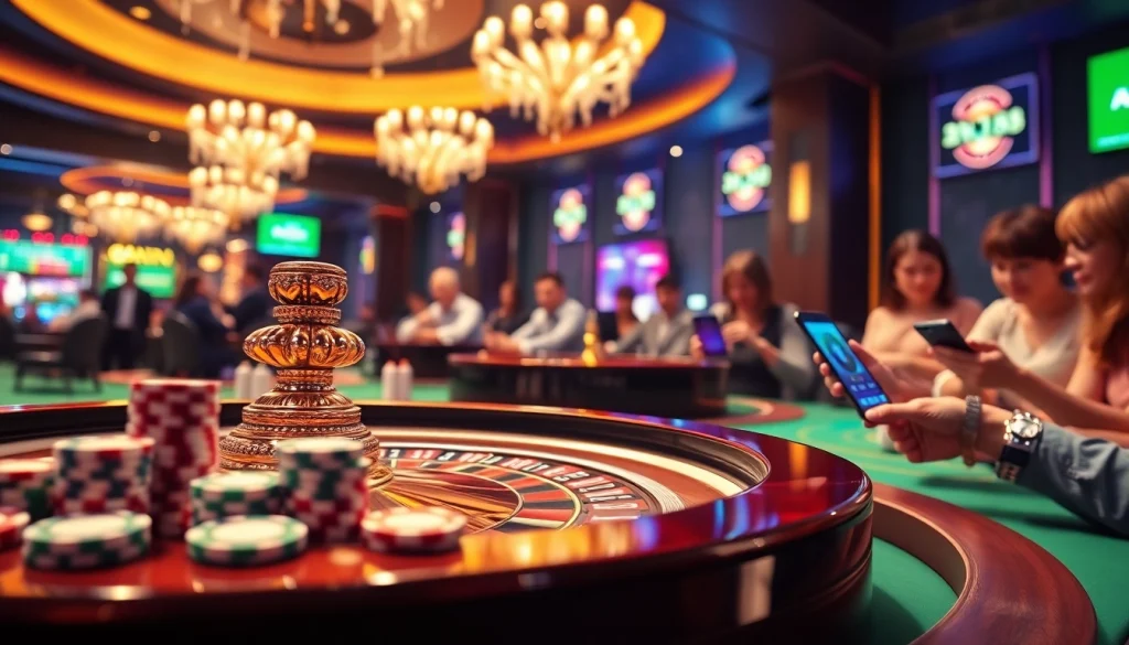 Experience the thrill of casino action with the xn88 app in a luxurious setting filled with vibrant gaming elements.
