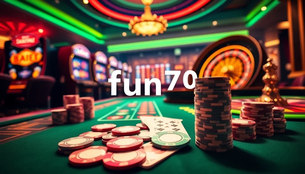 Experience the thrill of fun79 at a luxurious casino table filled with poker chips and cards.