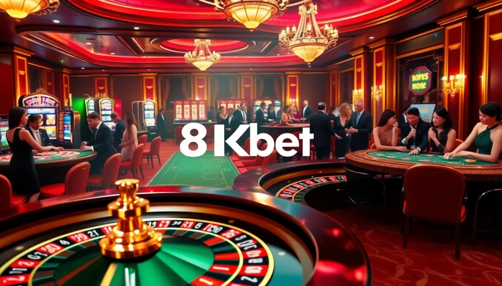 Experience the excitement of 8kbet with players engaged at a luxurious casino table.