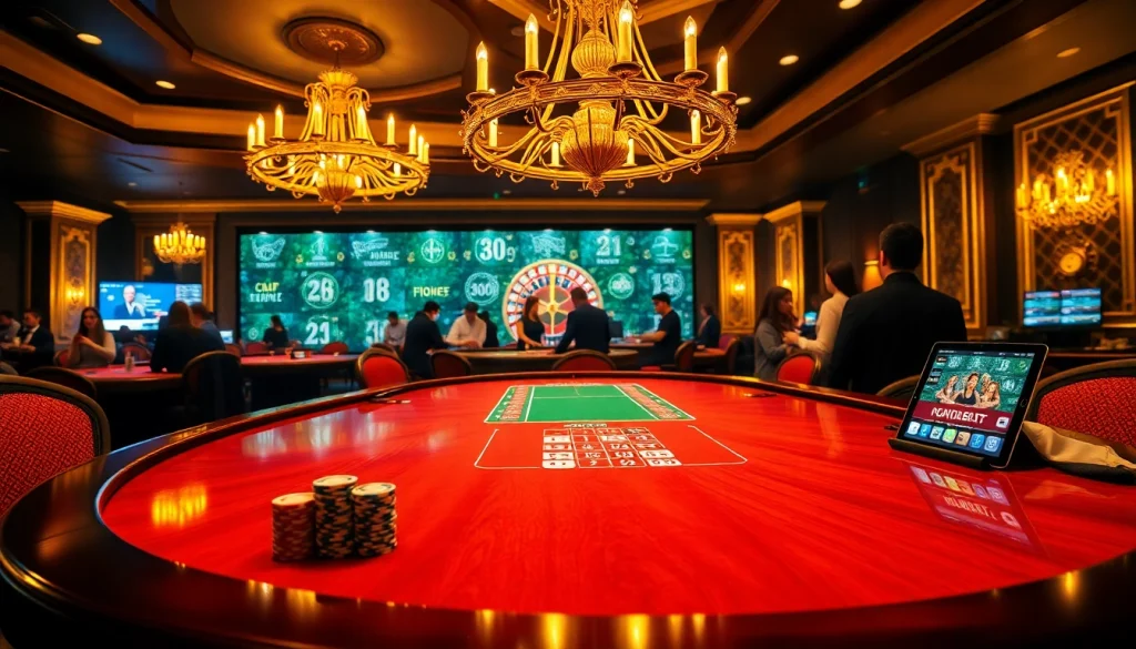 Experience the thrill of live gambling at https://urr88.com/, featuring a luxurious casino scene with poker tables and roulette wheels.