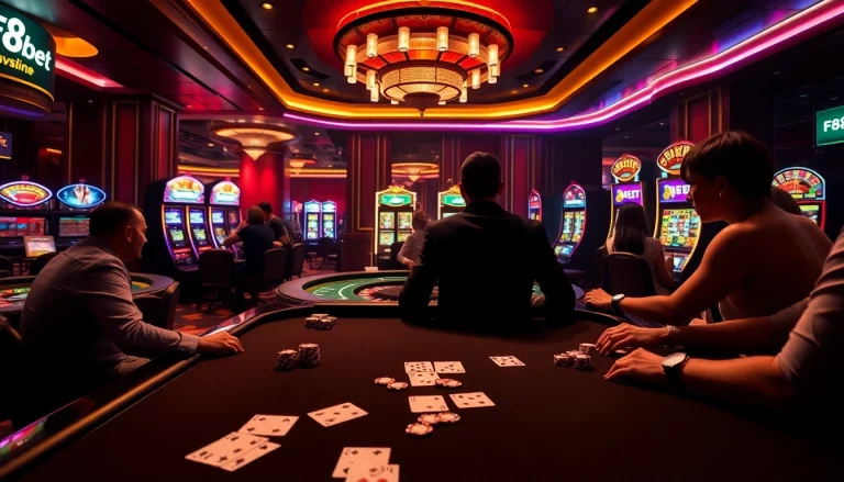 F8bet's luxurious casino environment with poker table and roulette wheel, showcasing vibrant gameplay.