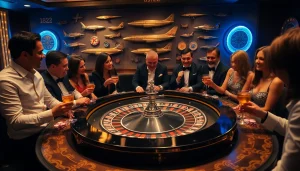 Players enjoy a thrilling game of roulette at the B52 casino table in a luxurious setting.