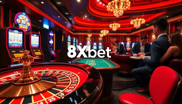 Experience the thrill of gambling with 8xbet at a vibrant casino scene featuring roulette and slot machines.