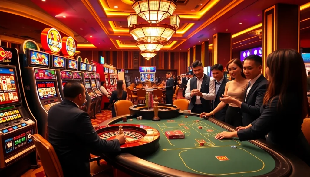 Exciting gaming action at Go88 casino with vibrant slot machines and poker tables.