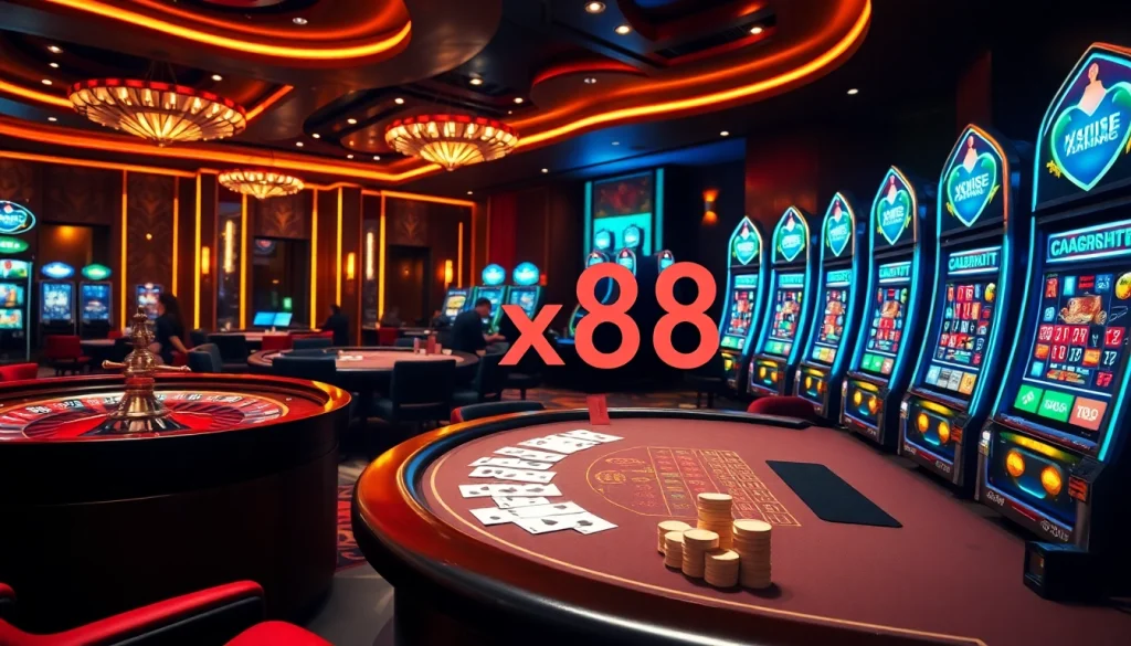 Players enjoying various games at a luxurious casino with xx88 themed slot machines and vibrant gaming tables.
