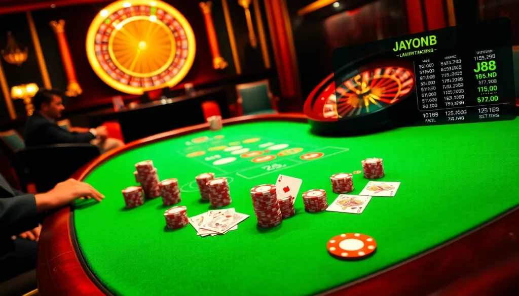 Players enjoying a thrilling game at the J88 casino table with poker chips and cards.