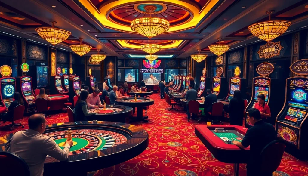Experience the excitement of gambling at https://23win8b.com/ with an elegant casino scene featuring vibrant slot machines and eager players.