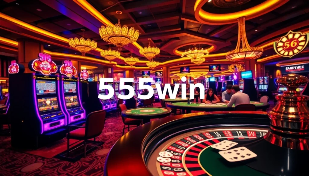 Experience the thrill at 555win casino with players enjoying poker and slot games in an elegant setting.