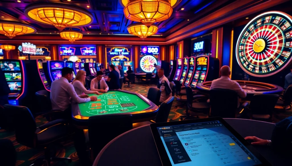 Engaging casino scene highlighting nk888 with tables, slot machines, and betting visuals.