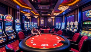 X88 com high-stakes casino scene featuring players at a poker table with vibrant slot machines and roulette wheels.