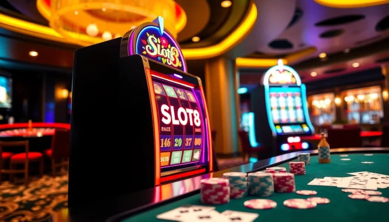 Engaging casino scene showcasing the SLOTS8 slot machine with poker chips and roulette.