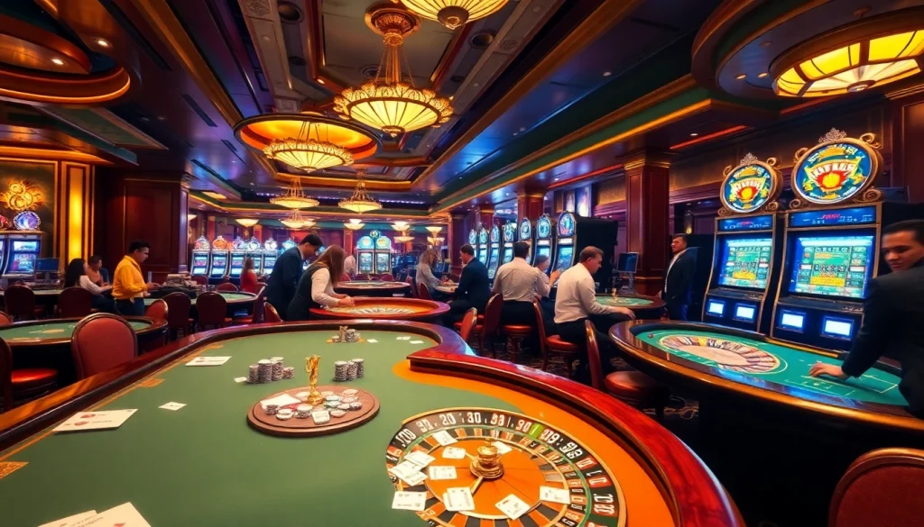 Engaging gamblers at the luxury12 premium casino, highlighting poker tables and slot machines accentuated by vibrant decor.