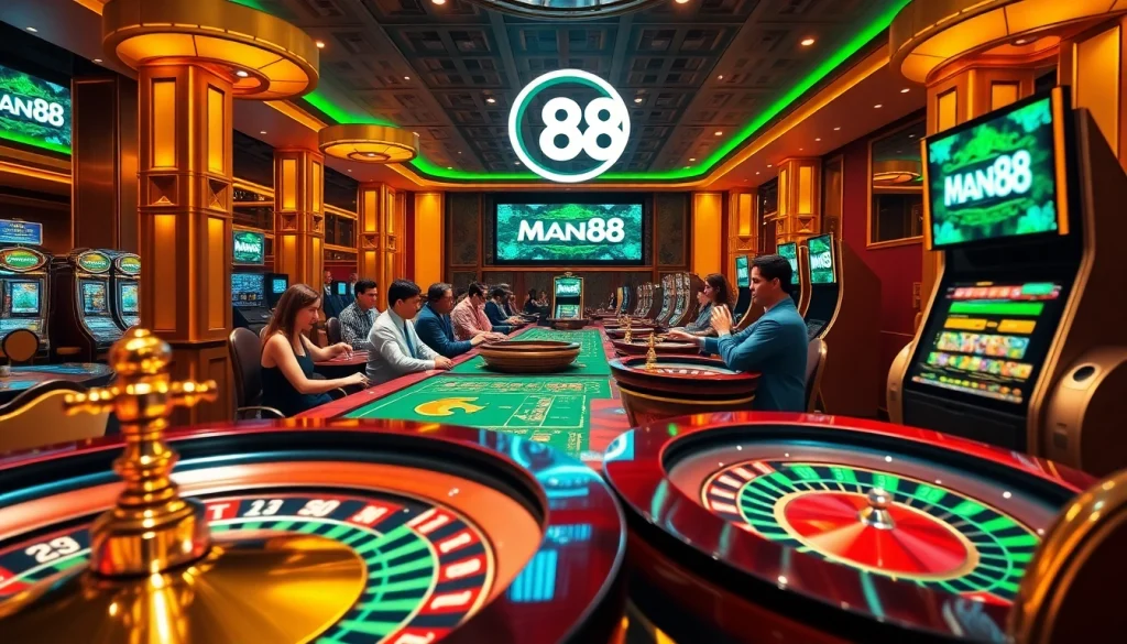 Experience thrilling gameplay at Man88's exciting casino, filled with vibrant games and players.