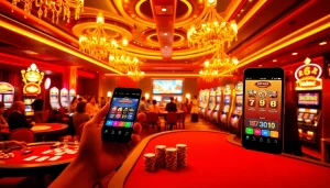 Players enjoying their games while using the 68win app on mobile devices in a vibrant casino setting.