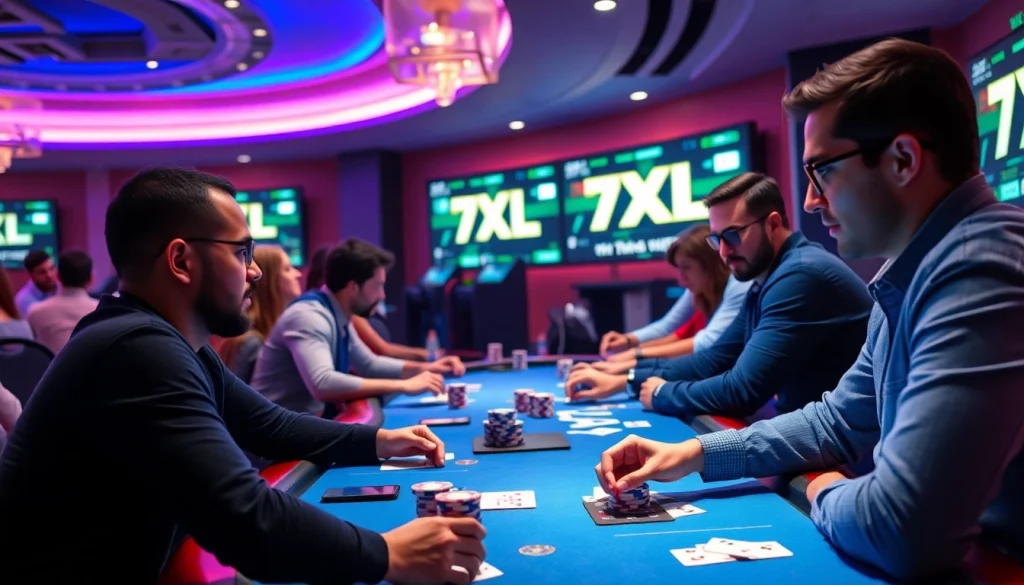 סצנת פוקר מקוונת מרגשת המציגה את מותג 7XL ושחקנים מגוונים המשתתפים במשחקים.