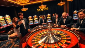 SODO66 casino showcases a luxurious gaming scene with a roulette wheel, poker table, and vibrant slot machines.