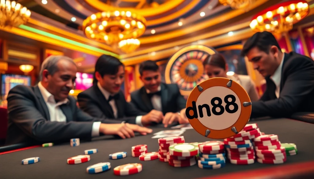Engaging poker game atmosphere with dn88 chips amidst casino excitement.
