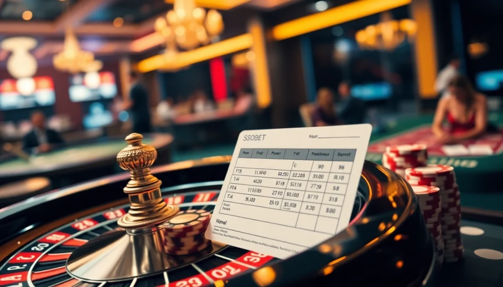 Sbobet online betting interface with engaging roulette wheel and poker elements in a vibrant casino environment.