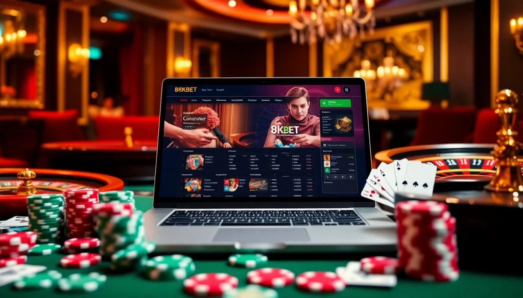Experience the thrill of 8KBET with a vibrant casino scene featuring online betting and classic gambling elements.
