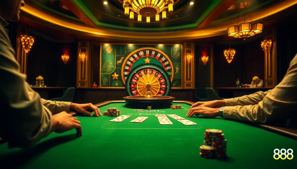 Experience the excitement of a high-stakes poker game at hay88 with vibrant chips and engaging players.