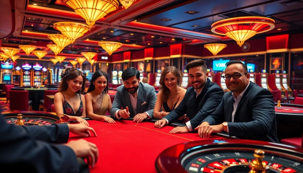 Engaging poker players enjoying VJ88 casino thrills with vibrant gaming tables and rich ambiance.