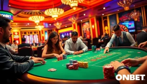 High-energy casino scene highlighting a poker game under the ONBET brand.
