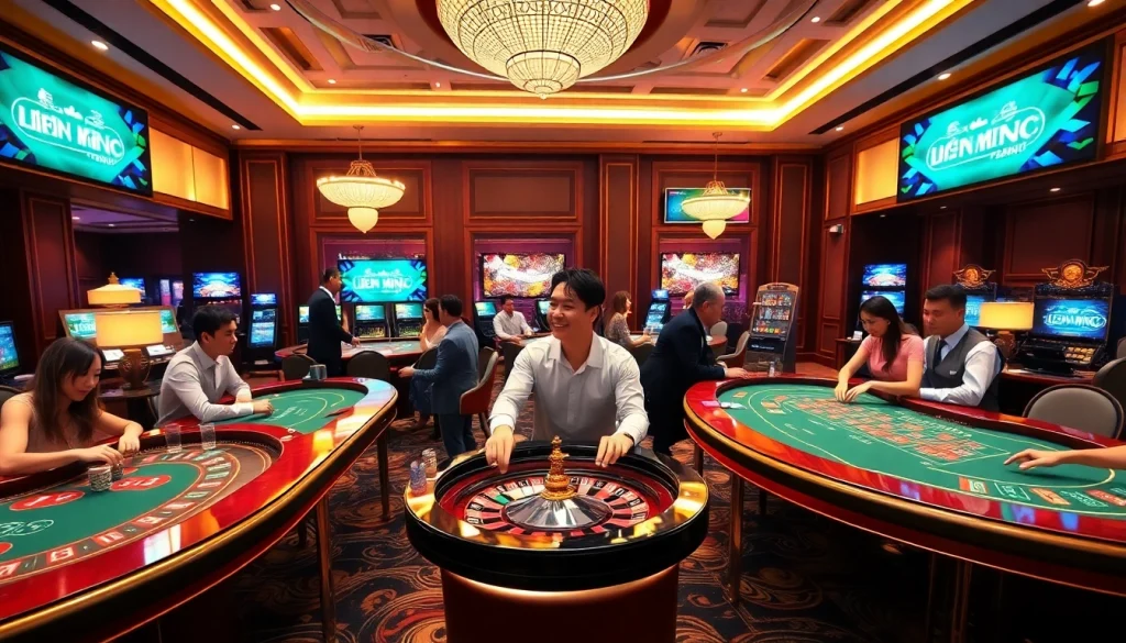 Join the excitement at the liên minh kjc casino with players at the tables and vibrant gaming displays.