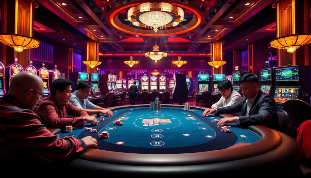 Experience the thrill of nh88 with a vibrant casino scene showcasing poker tables and slot machines.