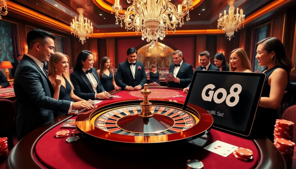 Experience the thrill of casino gaming at https://go88.fast/ with dealers and players at an elegant poker table.