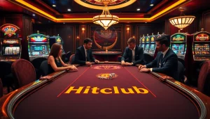 Hitclub poker players engaging in a thrilling game at a luxurious casino table.