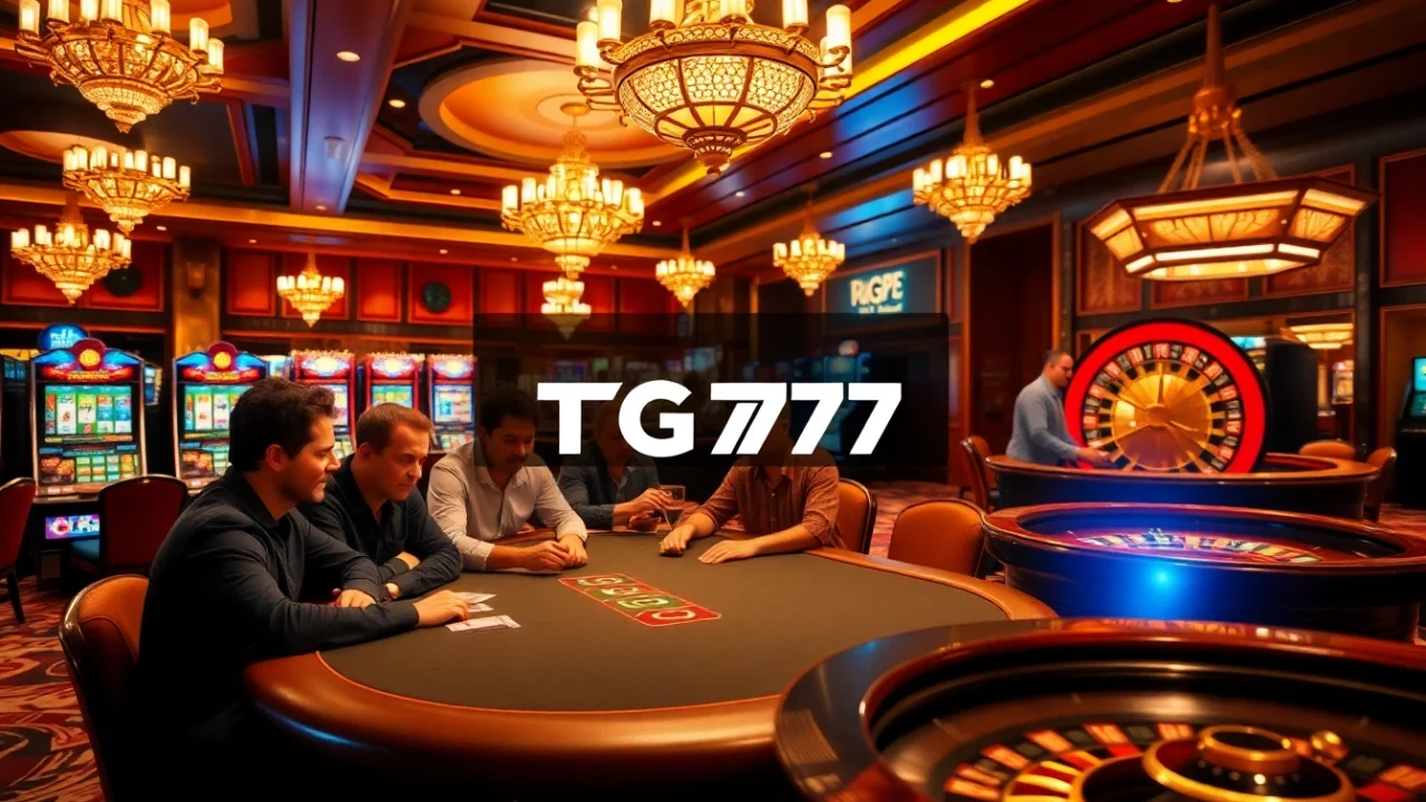 Exciting gaming scene at TG777 casino with poker tables and slot machines.