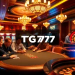 Exciting gaming scene at TG777 casino with poker tables and slot machines.
