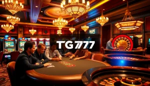 Exciting gaming scene at TG777 casino with poker tables and slot machines.