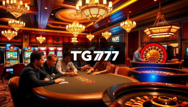 Exciting gaming scene at TG777 casino with poker tables and slot machines.
