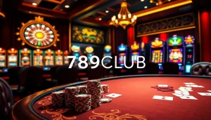 Players enjoying high-stakes poker at 789CLUB casino, surrounded by vibrant slot machines.