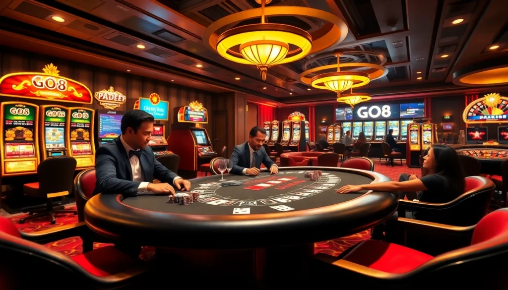 Exciting GO8 casino scene with poker players and glowing slot machines.