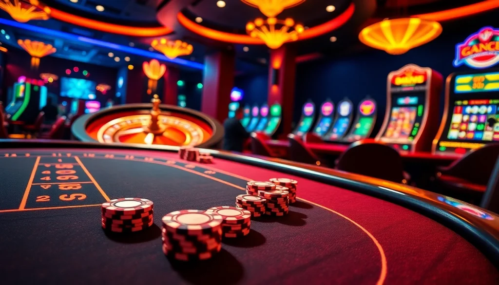 Exciting online gambling experience at http://8kbetok.com/, featuring luxurious casino tables and vibrant slot machines.