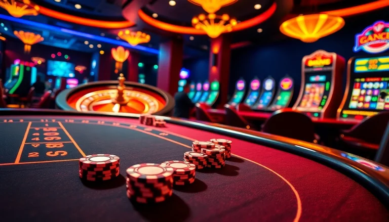 Exciting online gambling experience at http://8kbetok.com/, featuring luxurious casino tables and vibrant slot machines.